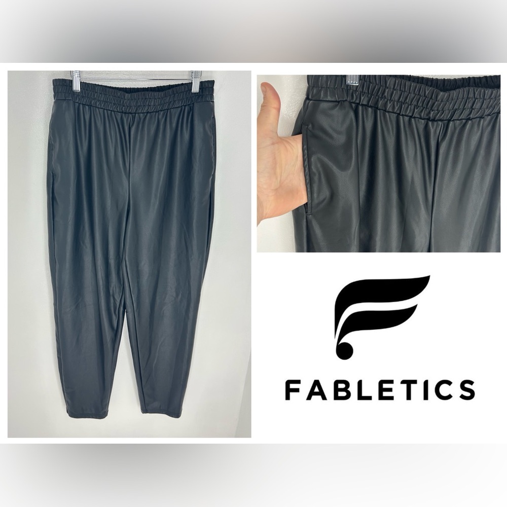 Fabletics Vegan Faux Leather High Waist Pants Size XL Black Tapered Leg‎ 30x28